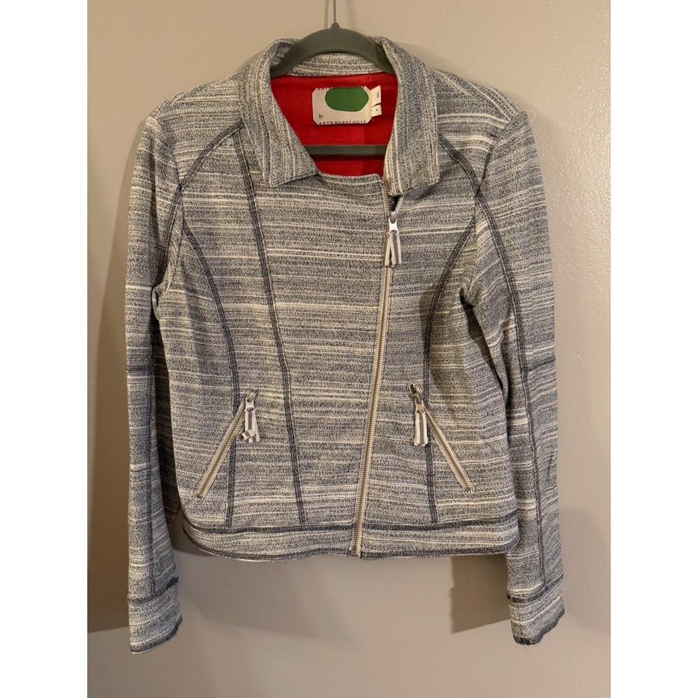 Anthropologie Knit Moto Jacket Blue White Textured Stripe Asymmetric Zip Small